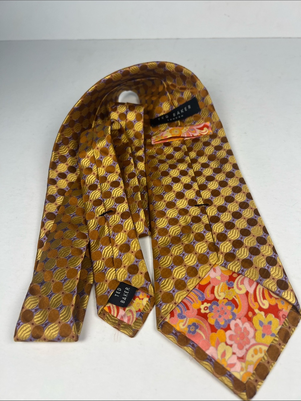 Ted Baker Gold and Brown Patterned Silk Tie with Floral Tip